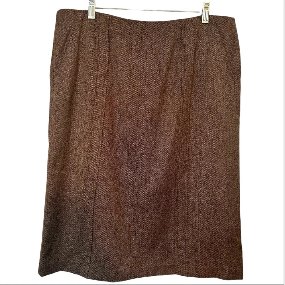 Calvin Klein Wool Blend Brown Herringbone Pencil Skirt Belt Loops Career Size 14
